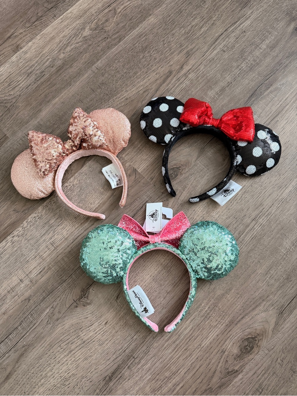 NWT Disney Sequin Minnie Ear Headband Trio - Rose Gold, Black/White Polka, Mint